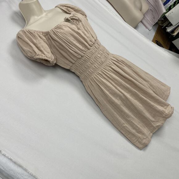 Vtg Poof Dress Womens Large Beige Tan Smocked Gauzy Milkmaid Peasant Babydoll - Picture 4 of 13